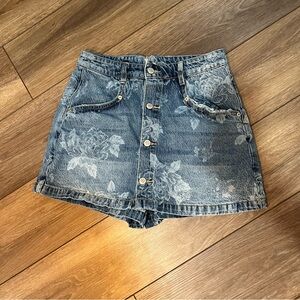 Free People Denim Floral Button-Up Mini Skort